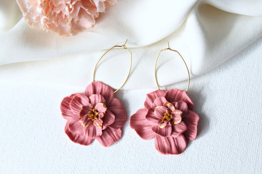 Flower Hoop Earrings, Hoop Earrings, Clay Earrings, Floral Earrings, Pink, Hoops, Spring Earrings, Statement Earrings, Handmade, 18k gold