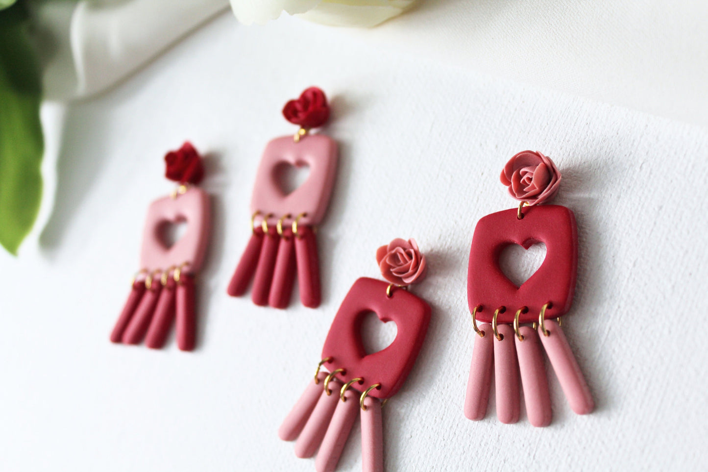Valentine's Day Earrings, Polymer Clay Earrings, Heart Earrings, Clay Earrings, Floral Earrings, Cute Earrings,Red,Pink,Valentine's Earrings