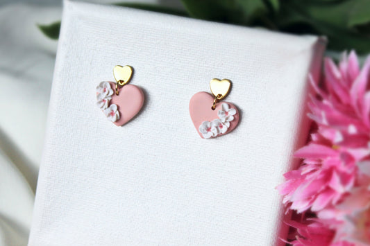 Heart Earrings, Valentine's Day Earrings, Polymer Clay Earrings, Clay Earrings, Floral Earrings, Cute Earrings, Pink, Handmade Jewelry, Gift