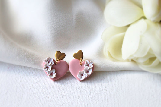 Heart Earrings, Valentine's Day Earrings, Polymer Clay Earrings, Clay Earrings, Floral Earrings, Cute Earrings, Pink, Handmade Jewelry, Gift