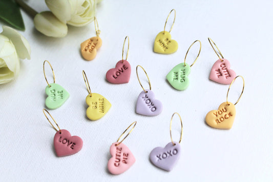 Valentine's Heart Earrings, Hoop Earrings, Conversation Hearts Earrings, Polymer Clay Earrings, Candy Earrings, Handmade, Gift for Her,Love