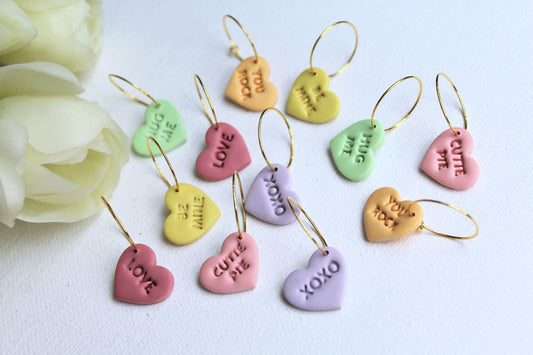 Valentine's Heart Earrings, Hoop Earrings, Conversation Hearts Earrings, Polymer Clay Earrings, Candy Earrings, Handmade, Gift for Her,Love
