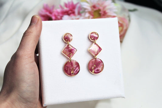 Statement Earrings, Earrings, Marble Clay Earrings, Pink, Geometric, Elegant Earrings, Polymer Clay Earrings, Aesthetic, Handmade Earrings