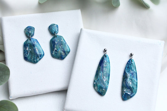 Blue Earrings, Statement Earrings, Marble Clay Earrings, Elegant Earrings, Polymer Clay Earrings, Aesthetic, Handmade Earrings,Clay Earrings