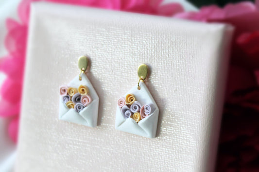 Rose Earrings, Envelope Earrings, Polymer Clay Earrings, Clay Earrings, Floral Earrings, Cute Earrings, Handmade Jewelry, White,Gift for Her