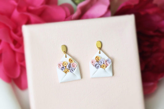 Rose Earrings, Envelope Earrings, Polymer Clay Earrings, Clay Earrings, Floral Earrings, Cute Earrings, Handmade Jewelry, White,Gift for Her