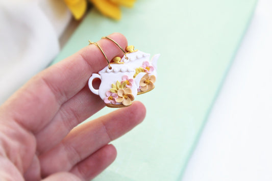 Teapot Earrings, Handmade Earrings, Polymer Clay Earrings, Spring Earrings, Unique Clay Earrings, Earrings, Floral, Clay Hoops, Hoops, Gift