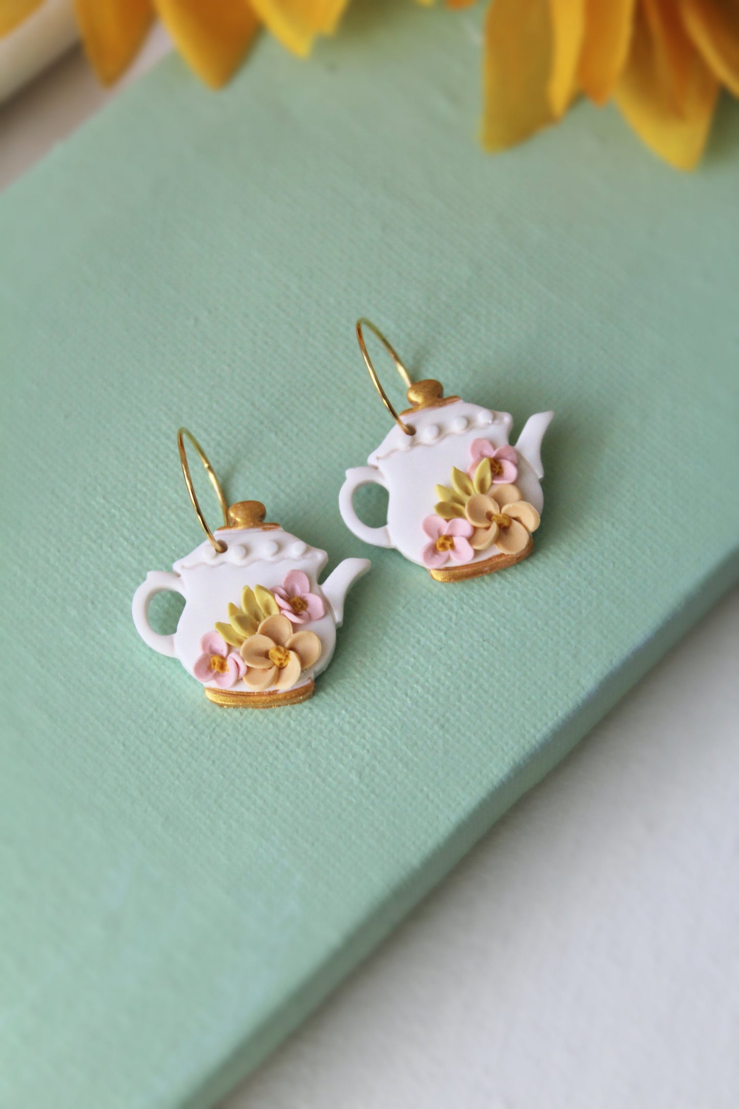 Teapot Earrings, Handmade Earrings, Polymer Clay Earrings, Spring Earrings, Unique Clay Earrings, Earrings, Floral, Clay Hoops, Hoops, Gift