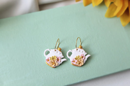 Teapot Earrings, Handmade Earrings, Polymer Clay Earrings, Spring Earrings, Unique Clay Earrings, Earrings, Floral, Clay Hoops, Hoops, Gift