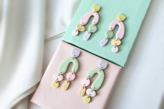 Statement Earrings, Geometric Earrings, Pastel Earrings, Polymer Clay Earrings, Handmade jewelry, Statement Earrings Lightweight, Pink,Green