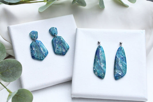 Blue Earrings, Statement Earrings, Marble Clay Earrings, Elegant Earrings, Polymer Clay Earrings, Aesthetic, Handmade Earrings,Clay Earrings