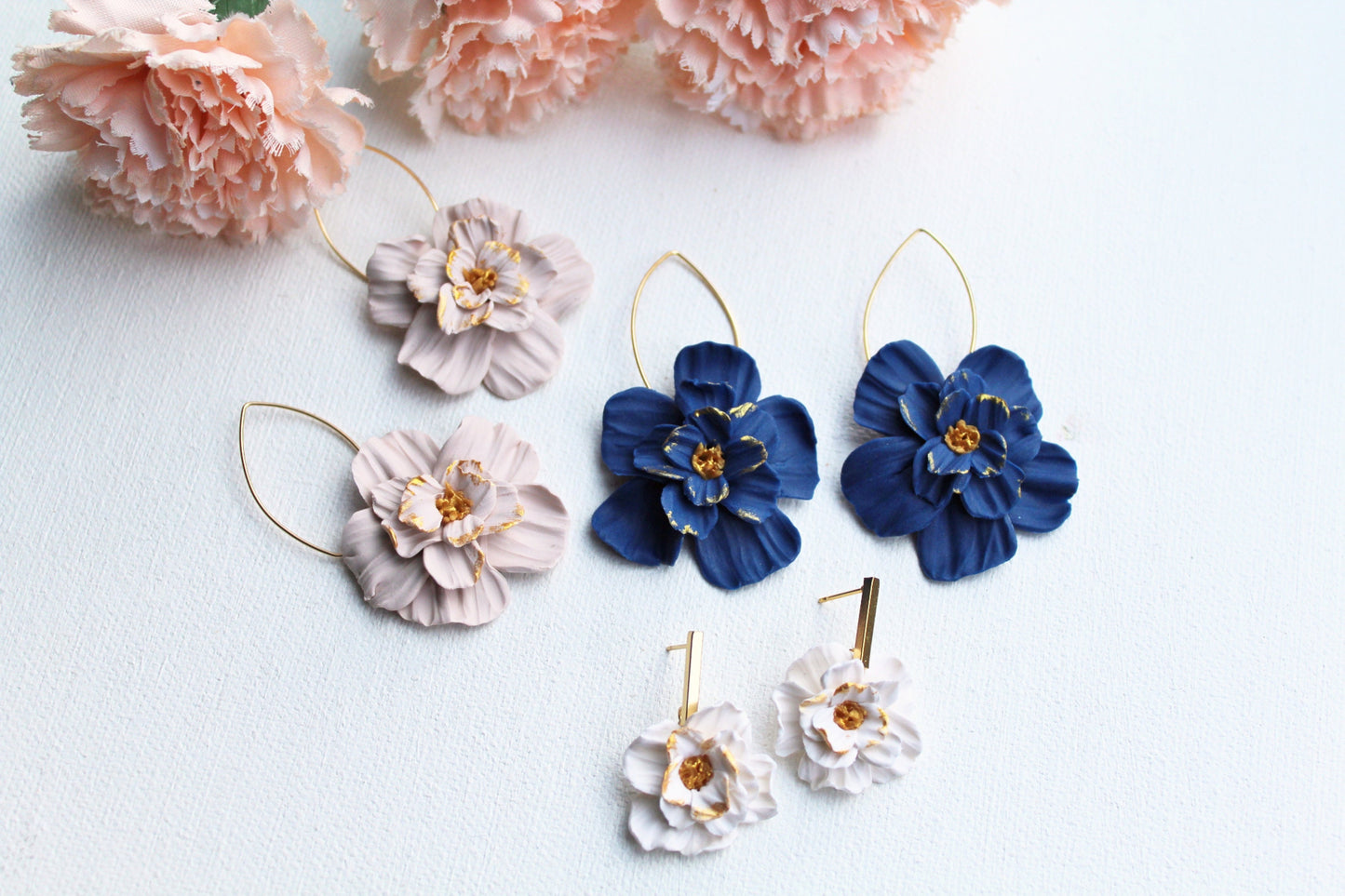 Flower Hoop Earrings, Flower Earrings, Clay Earrings, Floral Earrings, Blue, White, Beige, Hoops, Hoop Earrings, Statement Earrings,Handmade