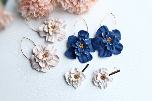 Flower Hoop Earrings, Flower Earrings, Clay Earrings, Floral Earrings, Blue, White, Beige, Hoops, Hoop Earrings, Statement Earrings,Handmade