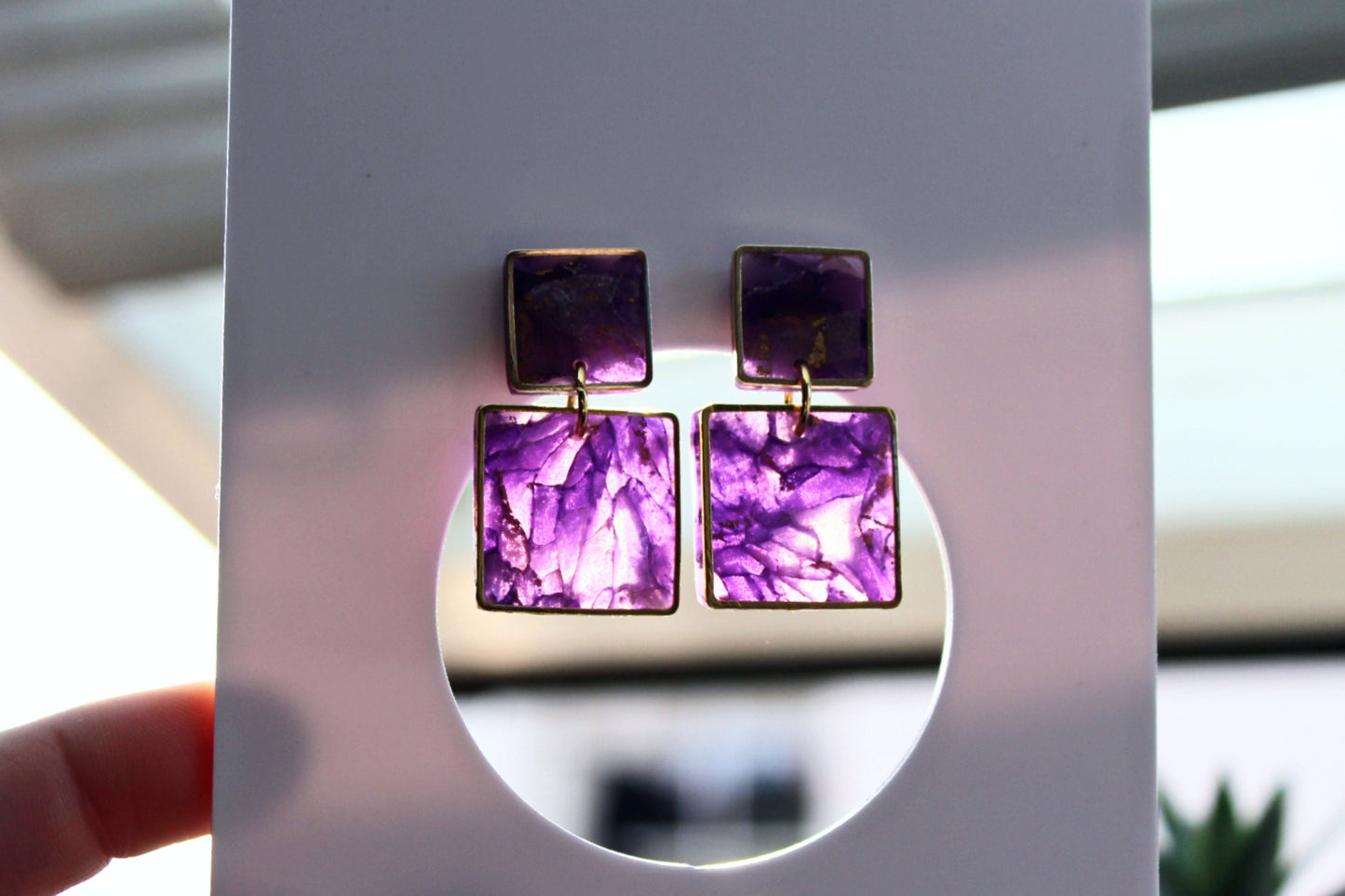 Square Geometric Earrings, Polymer Clay Earrings, Geometric Earrings, Statement Earrings, Faux Stone, Purple Marble Earrings, Handmade