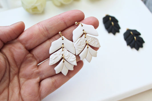 Earrings Polymer Clay, Leaf Earrings, Flower Earrings, Statement Earrings, Nature Inspired, Clay Earrings Handmade, Beige, White, Black,Gift