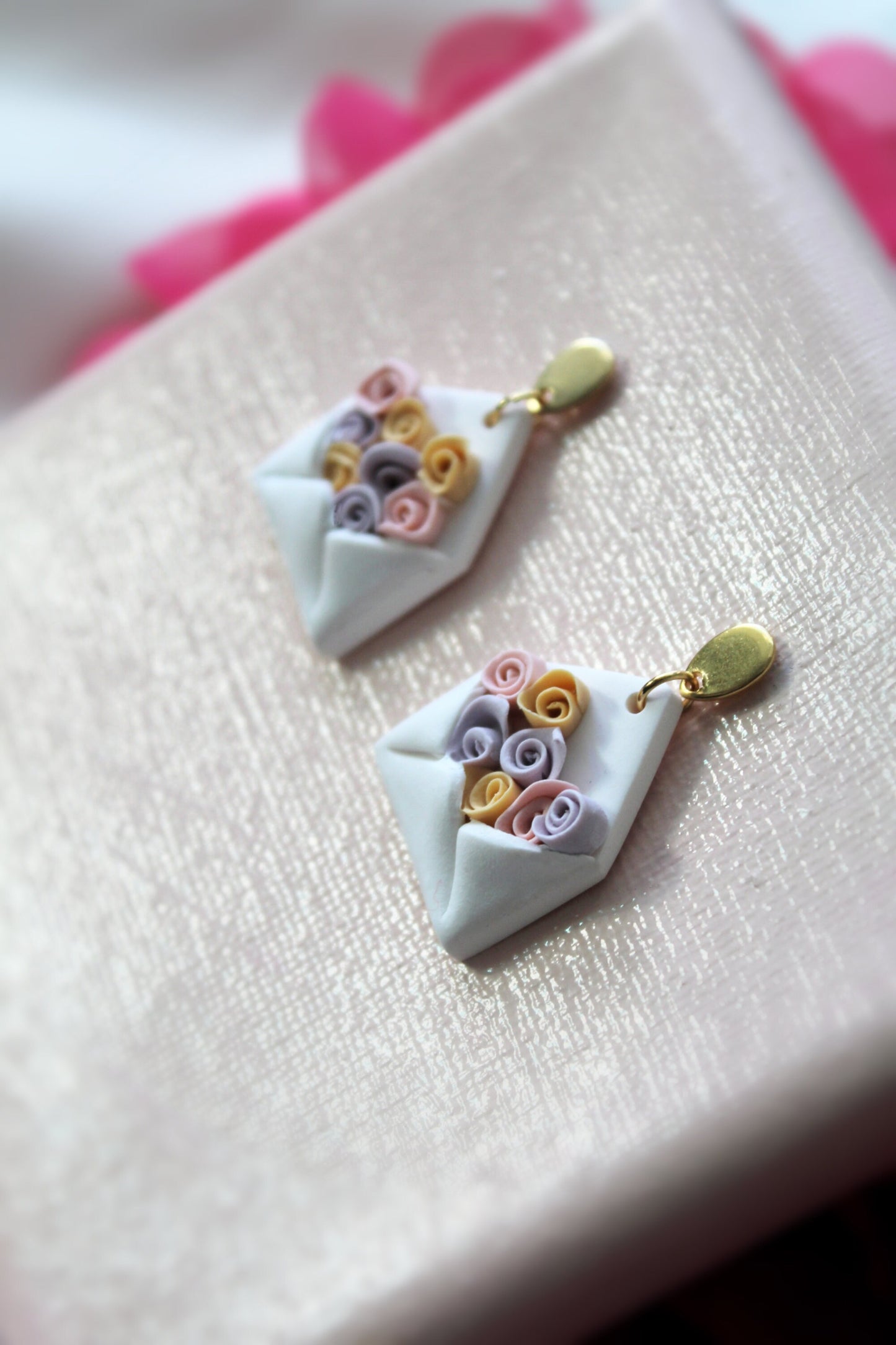 Rose Earrings, Envelope Earrings, Polymer Clay Earrings, Clay Earrings, Floral Earrings, Cute Earrings, Handmade Jewelry, White,Gift for Her