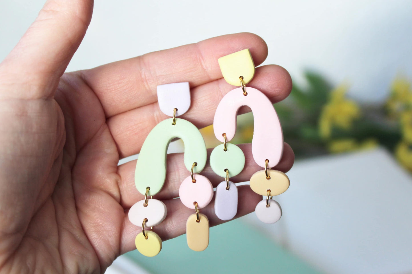 Statement Earrings, Geometric Earrings, Pastel Earrings, Polymer Clay Earrings, Handmade jewelry, Statement Earrings Lightweight, Pink,Green