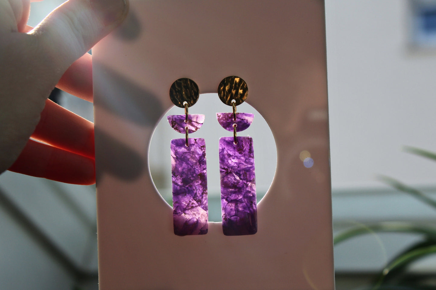 Polymer Clay Earrings, Geometric Earrings, Clay Earrings, Dangle Geometric Earrings, Statement Purple Earrings, Faux Stone, Purple, Handmade