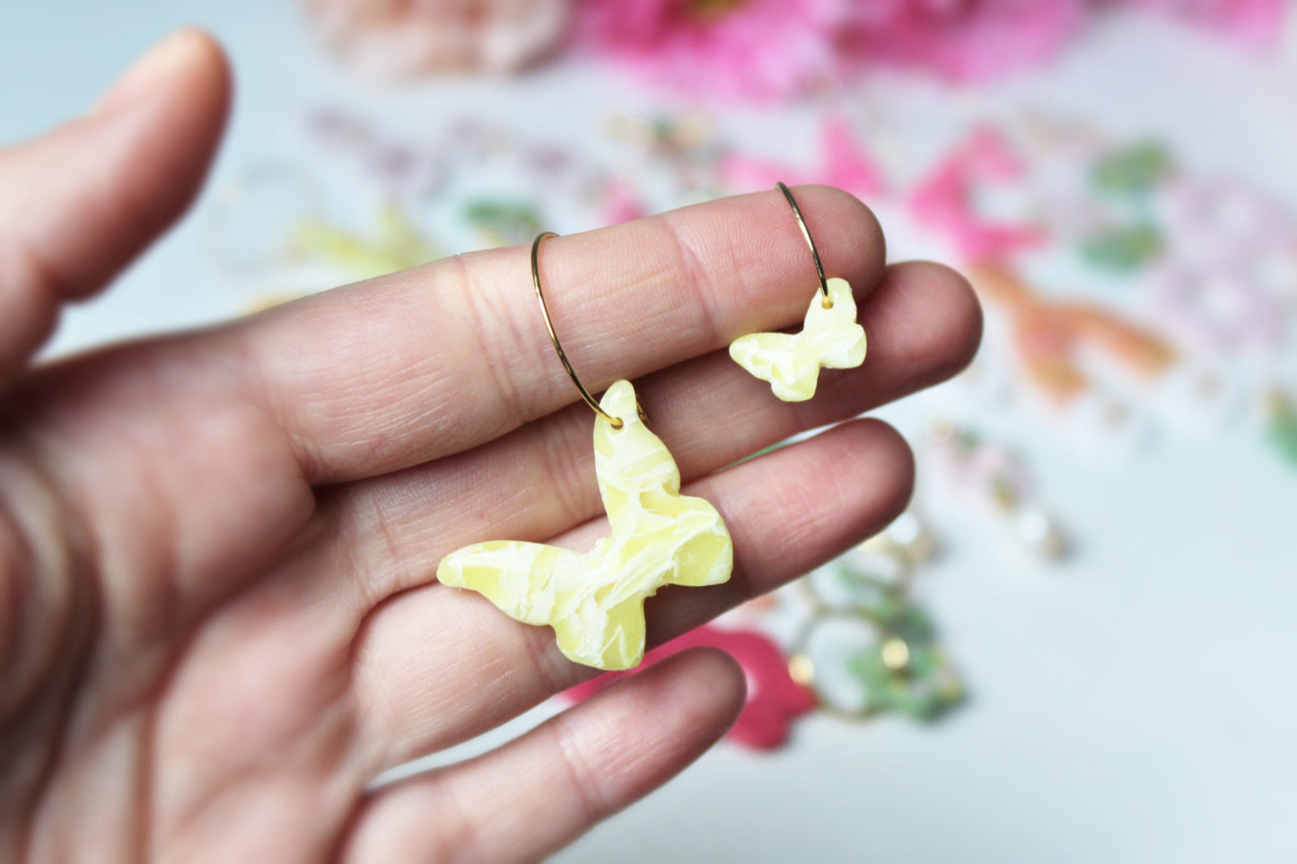 Butterfly Earrings, Butterfly Hoop Earrings, Clay Earrings, Spring Earrings, Cute, Hoop Earrings Clay, Polymer Clay Earrings,Marble Earrings