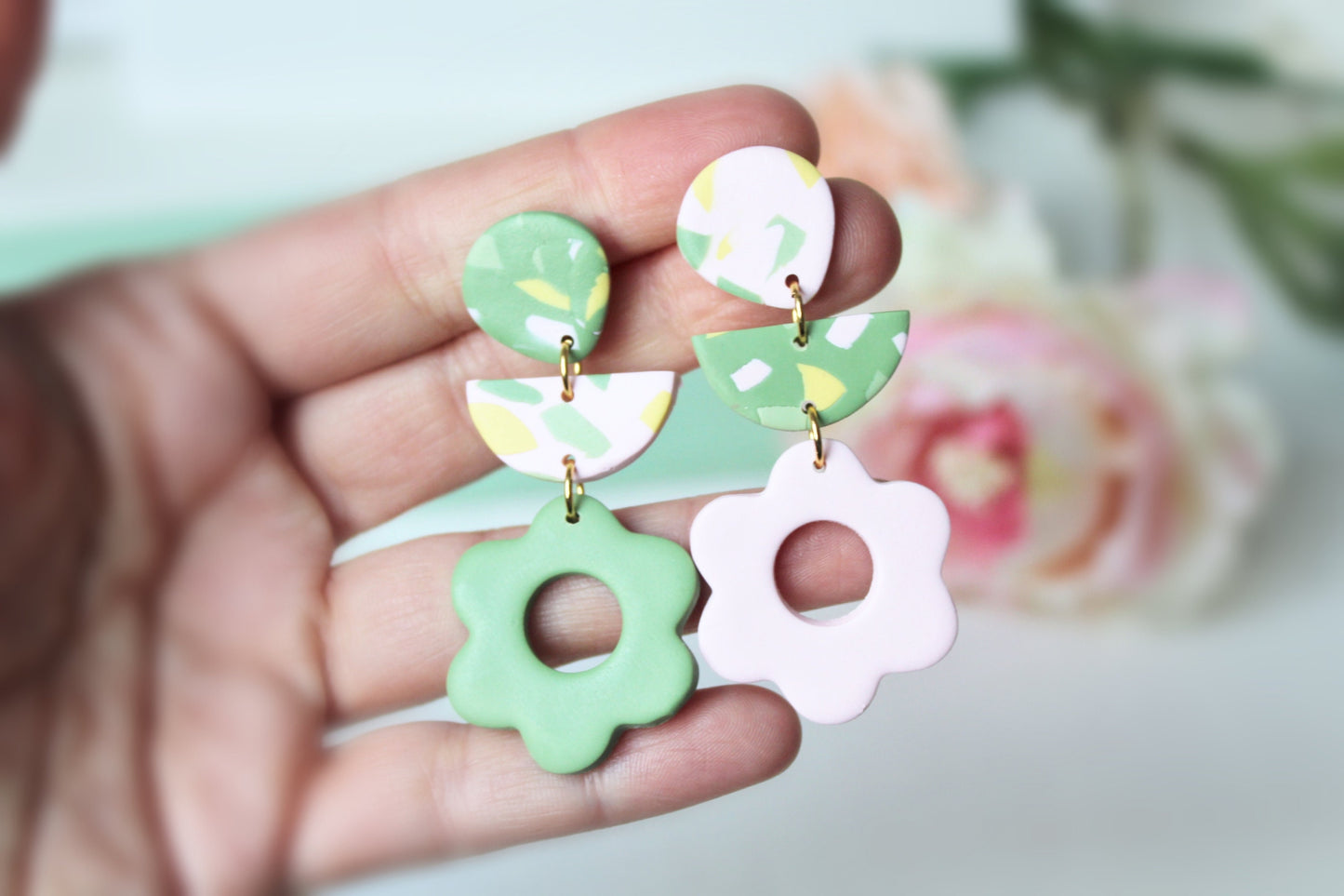 Floral Earrings, Flower Earrings, Polymer Clay Earrings, Spring Earrings, Statement Earrings, Green, Pink, Earrings, Handmade Clay Earrings