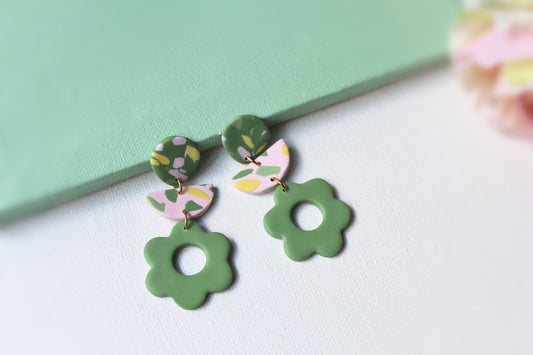Floral Earrings, Flower Earrings, Polymer Clay Earrings, Spring Earrings, Statement Earrings, Green, Pink, Earrings, Handmade Clay Earrings
