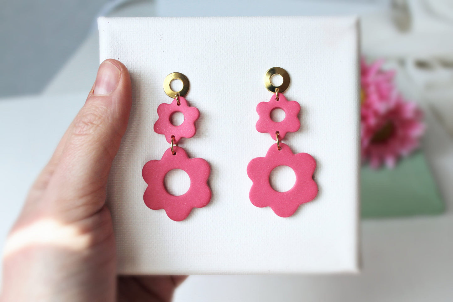 Flower Earrings, Pink Earrings, Polymer Clay Earrings, Floral Earrings, Spring Earrings, Statement Earrings, Pink, Earrings, Handmade