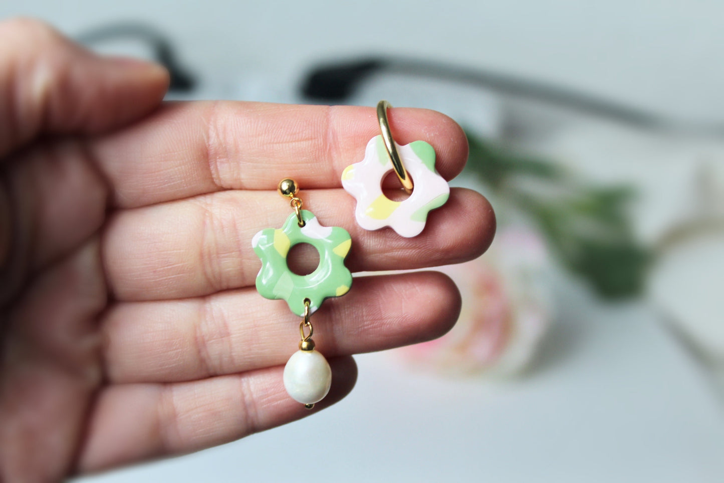 Polymer Clay Earrings, Floral Earrings, Flower Earrings with Pearls, Pearl Hoop Earrings, Spring Earrings, Green, Pink, Earrings, Handmade