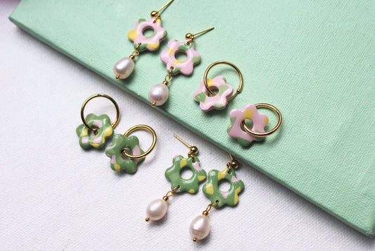 Polymer Clay Earrings, Floral Earrings, Flower Earrings with Pearls, Pearl Hoop Earrings, Spring Earrings, Green, Pink, Earrings, Handmade