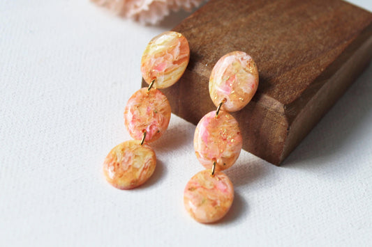 Orange Earrings, Oval Earrings, Elegant Earrings, Marble Earrings, Faux Stone Earrings, Polymer Clay Earrings, Orange and Gold, Handmade