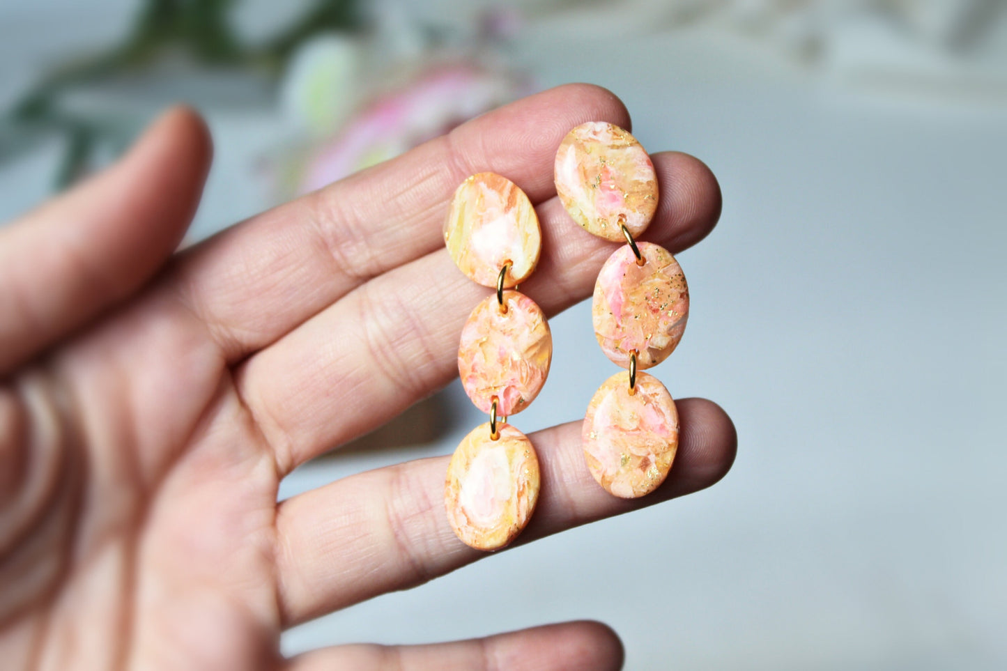 Orange Earrings, Oval Earrings, Elegant Earrings, Marble Earrings, Faux Stone Earrings, Polymer Clay Earrings, Orange and Gold, Handmade