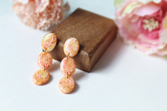 Orange Earrings, Oval Earrings, Elegant Earrings, Marble Earrings, Faux Stone Earrings, Polymer Clay Earrings, Orange and Gold, Handmade