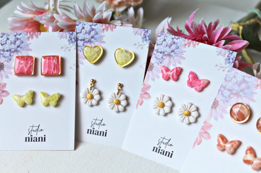 Earring Stud Pack, Daisy Stud Earrings, Butterfly Earrings, Elegant Studs, Polymer Clay Earrings, Spring Stud Earrings, Spring Earrings