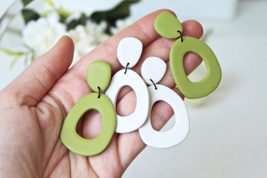 Large Statement Earrings, Dangle Earrings, Statement Earrings, Polymer Clay Earrings, Spring Earrings, Modern Earrings, Green, White