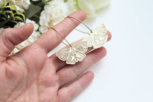 Butterfly Earrings, Hoop Earrings, Polymer Clay Earrings, 18k Gold Plated Hoops, Elegant Earrings, Clay Earrings, Statement Earrings, Moon