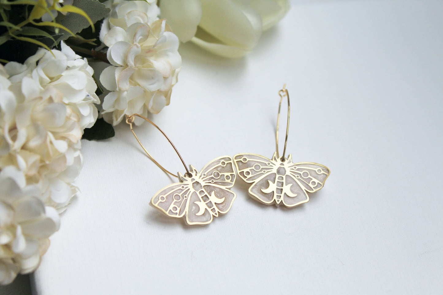 Butterfly Earrings, Hoop Earrings, Polymer Clay Earrings, 18k Gold Plated Hoops, Elegant Earrings, Clay Earrings, Statement Earrings, Moon