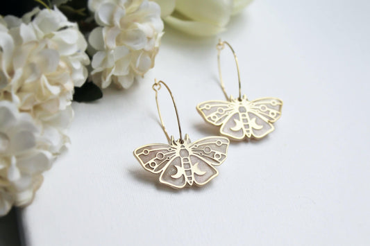 Butterfly Earrings, Hoop Earrings, Polymer Clay Earrings, 18k Gold Plated Hoops, Elegant Earrings, Clay Earrings, Statement Earrings, Moon