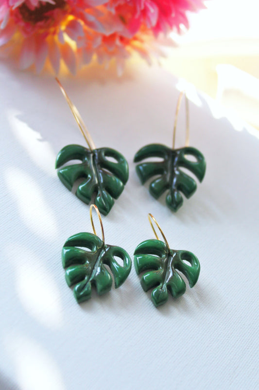 Monstera Leaf Earrings, Leaf Hoops, Polymer Clay Earrings, Leaf Earrings, Green, Nature, Plant Earrings, Clay Earrings, Earrings, Handmade