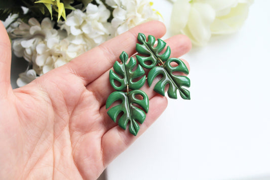 Monstera Leaf Earrings, Leaf Earrings, Polymer Clay Earrings, Green, Statement Earrings, Plant Earrings, Clay Earrings, Handmade, Gift