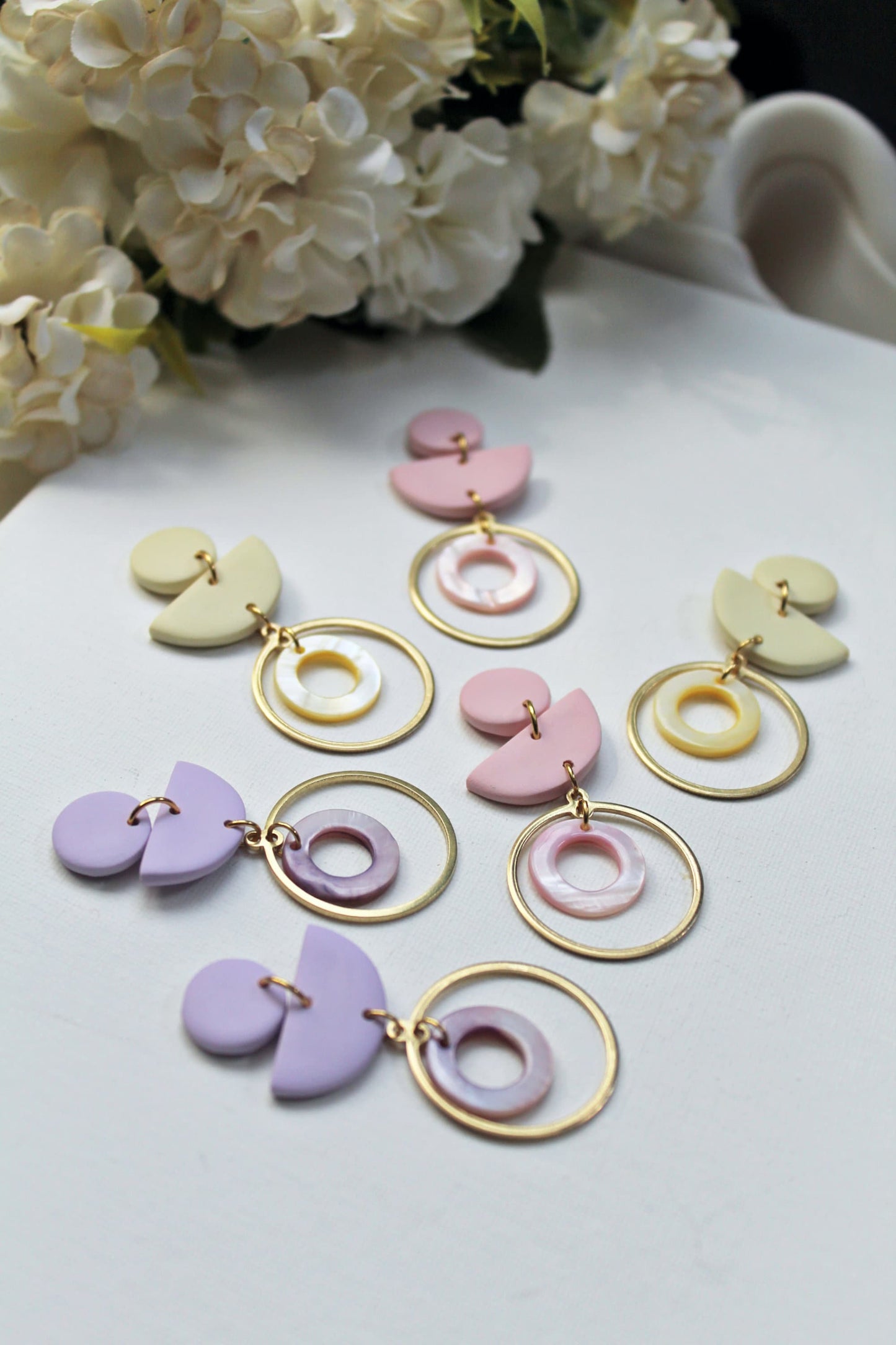 Geometric Earrings, Statement Earrings with Natural Shell, Dangle Statement Earrings, Polymer Clay Earrings, Boho, Geometric,Modern Earrings