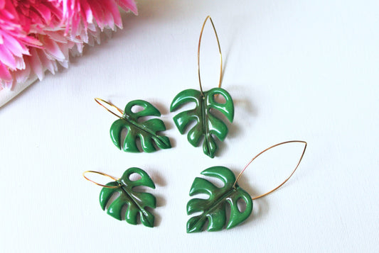 Monstera Leaf Earrings, Leaf Hoops, Polymer Clay Earrings, Leaf Earrings, Green, Nature, Plant Earrings, Clay Earrings, Earrings, Handmade