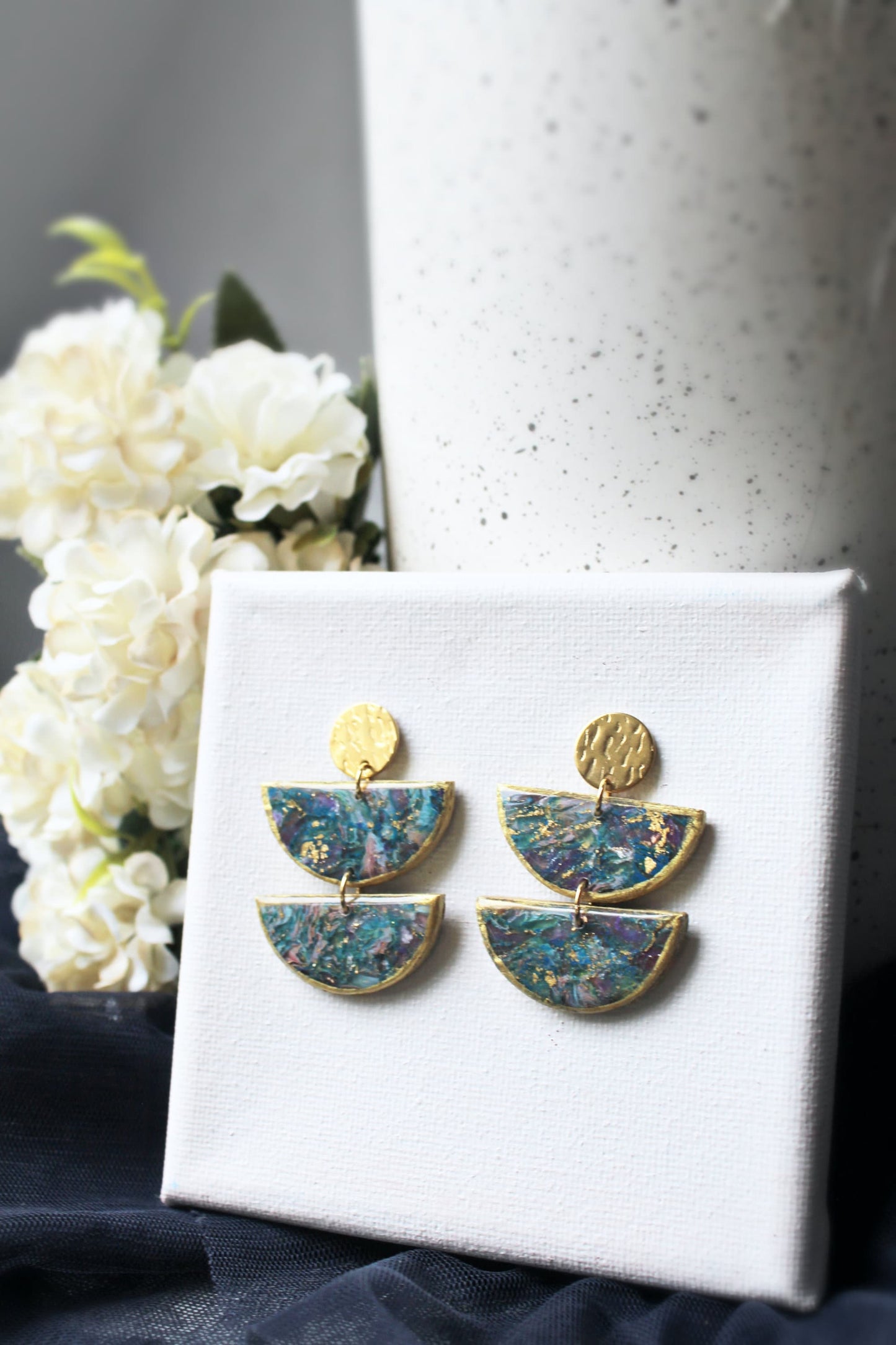 Polymer Clay Earrings, Marble Earrings, Dangle, Statement Earrings, Modern Earrings, Teardrop, Dark Green Earrings, Faux Stone, Handmade