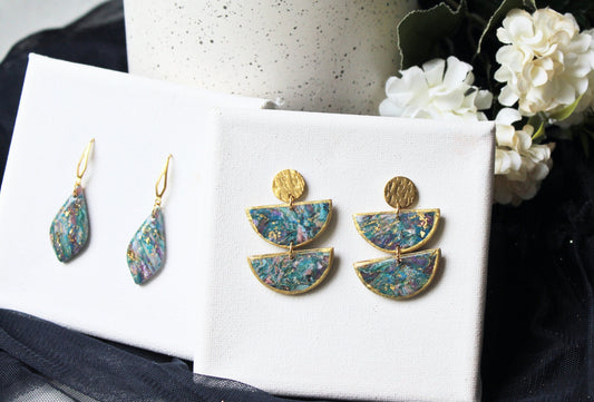 Polymer Clay Earrings, Marble Earrings, Dangle, Statement Earrings, Modern Earrings, Teardrop, Dark Green Earrings, Faux Stone, Handmade