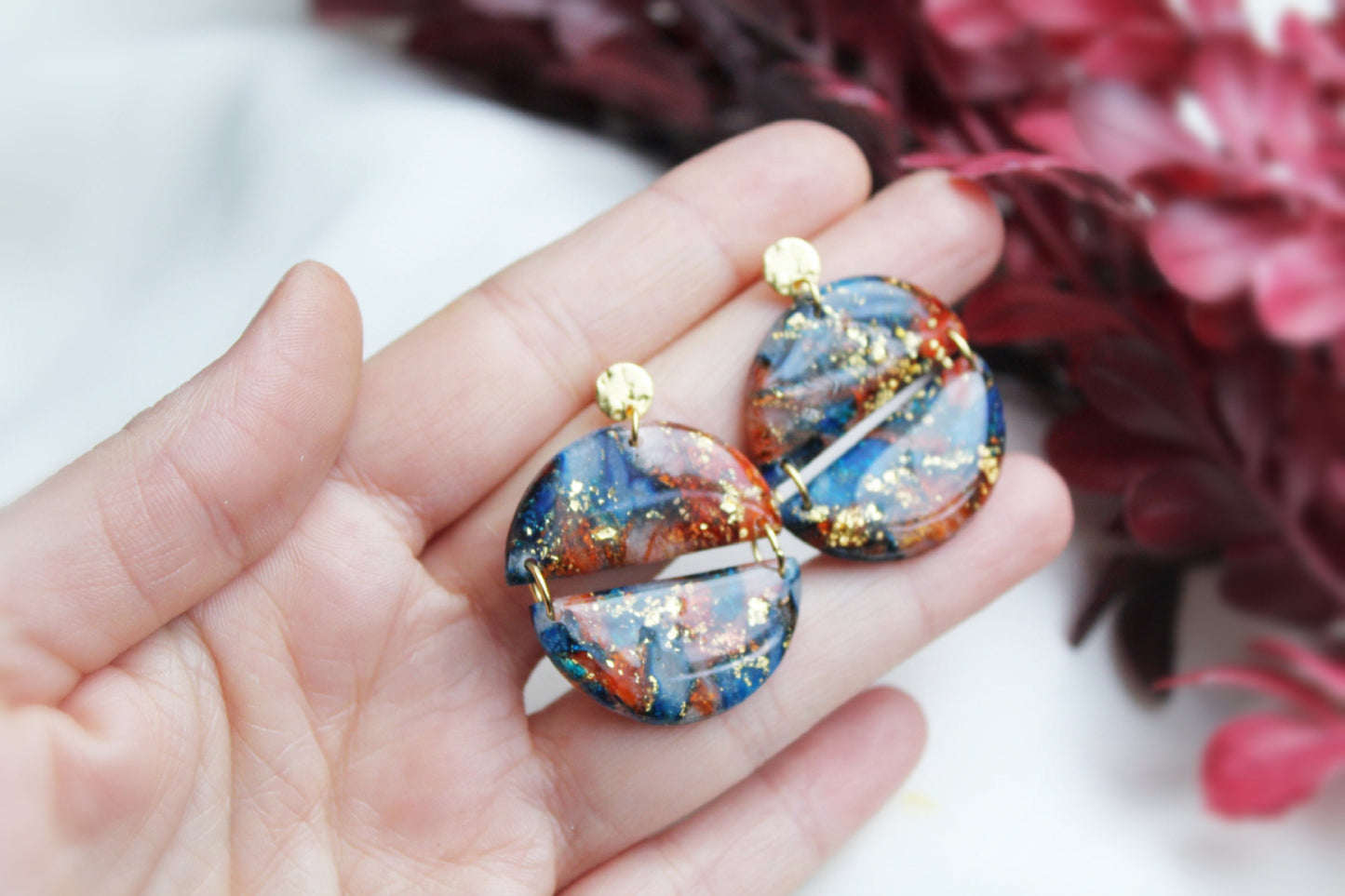 Statement Earrings, Marble Earrings, Blue, Red, Golden, Polymer Clay Earrings, Christmas Party, Elegant Earrings, Clay Earrings, Handmade