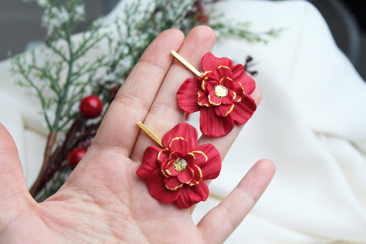 Christmas Flower Earrings, Flower Earrings, Red Flower Earrings, Clay Earrings, Floral Earrings, Christmas Earrings, Statement, Handmade
