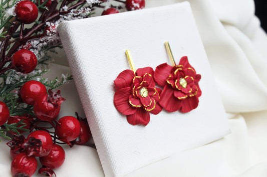 Christmas Flower Earrings, Flower Earrings, Red Flower Earrings, Clay Earrings, Floral Earrings, Christmas Earrings, Statement, Handmade