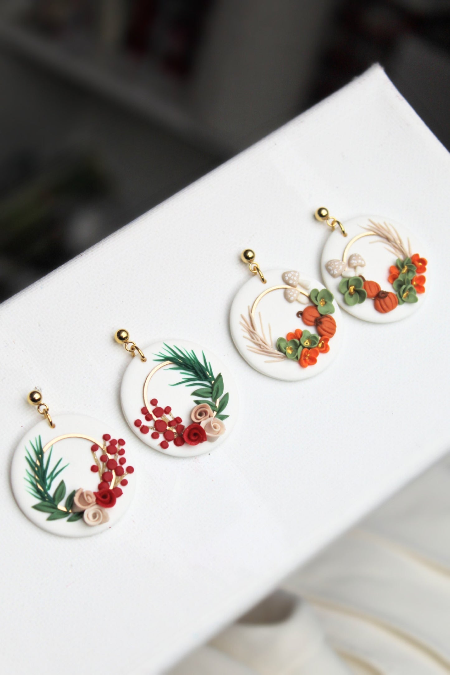 Wreath Earrings, Autumn, Winter Earrings, Polymer Clay Earrings, Christmas Earrings, Gift for Her, Holiday Earrings, Clay Earrings, Handmade