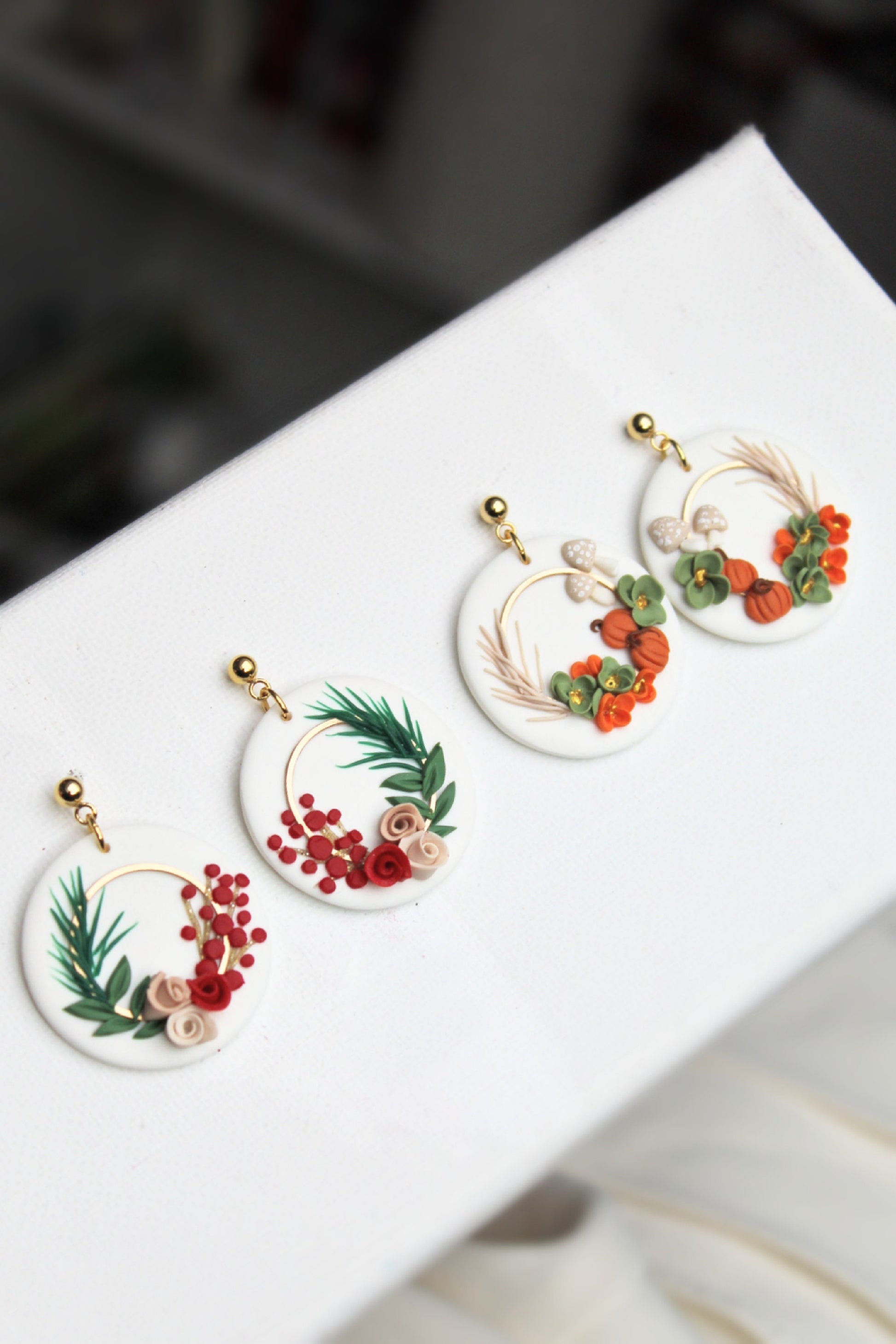 Wreath Earrings, Autumn, Winter Earrings, Polymer Clay Earrings, Christmas Earrings, Gift for Her, Holiday Earrings, Clay Earrings, Handmade