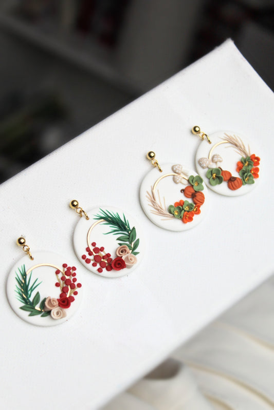Wreath Earrings, Autumn, Winter Earrings, Polymer Clay Earrings, Christmas Earrings, Gift for Her, Holiday Earrings, Clay Earrings, Handmade