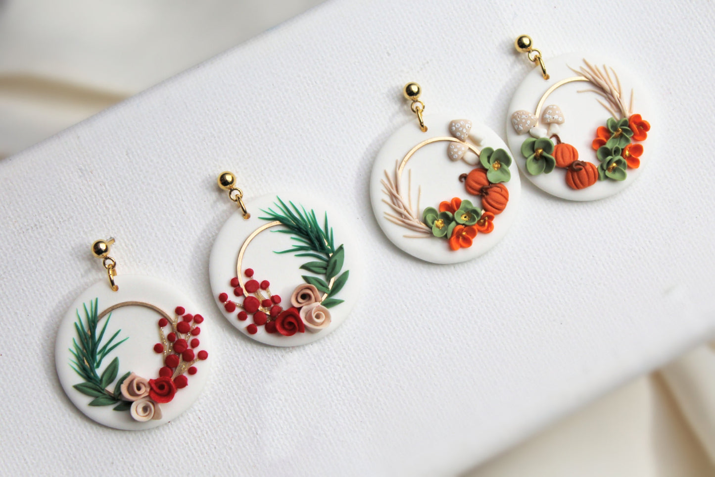 Wreath Earrings, Autumn, Winter Earrings, Polymer Clay Earrings, Christmas Earrings, Gift for Her, Holiday Earrings, Clay Earrings, Handmade