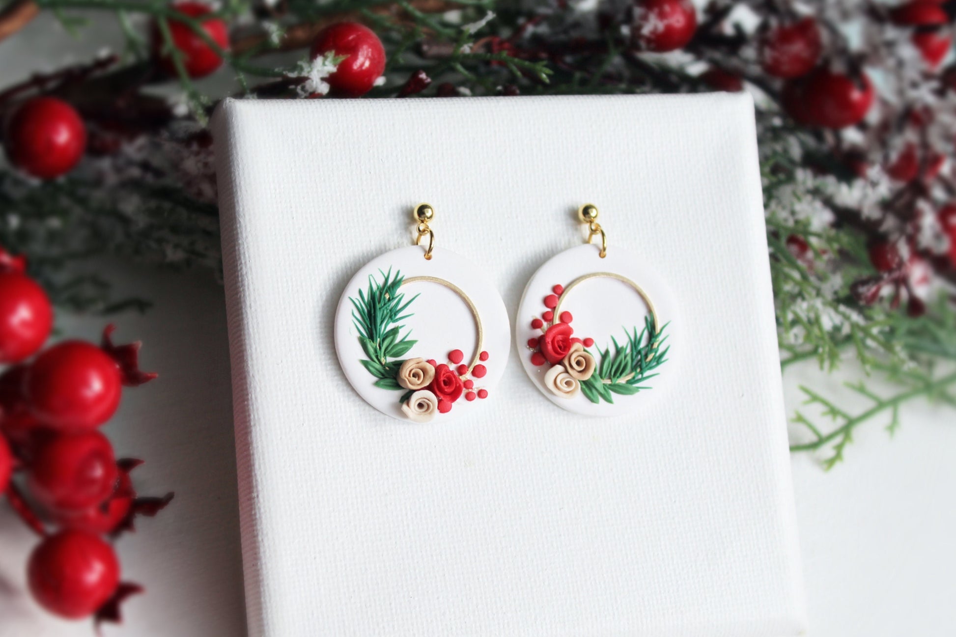 Wreath Earrings, Autumn, Winter Earrings, Polymer Clay Earrings, Christmas Earrings, Gift for Her, Holiday Earrings, Clay Earrings, Handmade